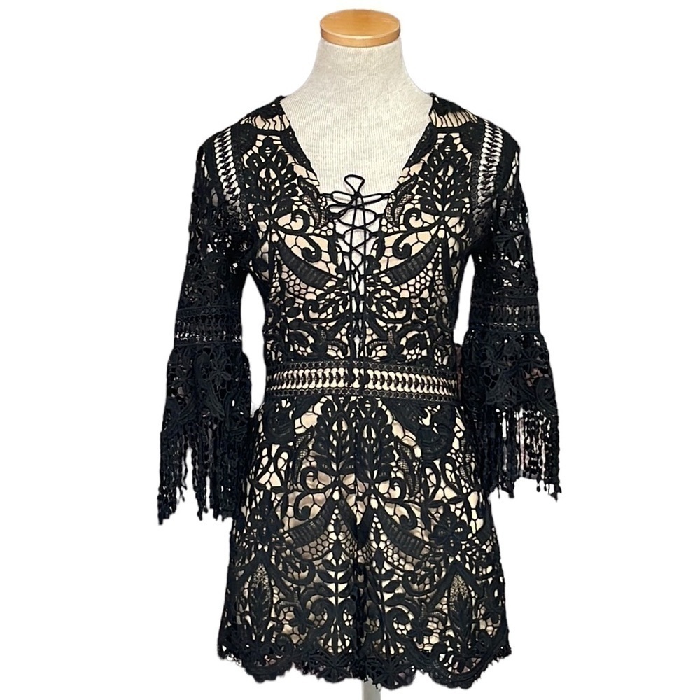 SAYLOR Romper Shorts Black Tan Lace Bell Sleeve Size XS